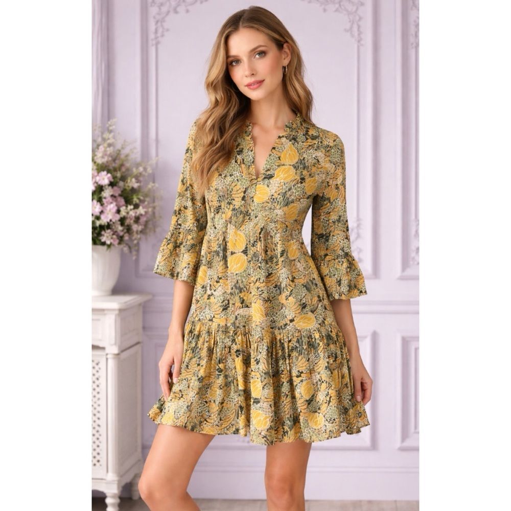 OLIPHANT Tropical GREEN AND TAN PRINT DRESS Size M~ Excellent